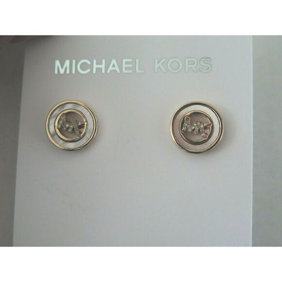 Michael Kors MKJ7764710 Monogram Mop Stud Earrings Gold Crystals MK Logo - Picture 1 of 7